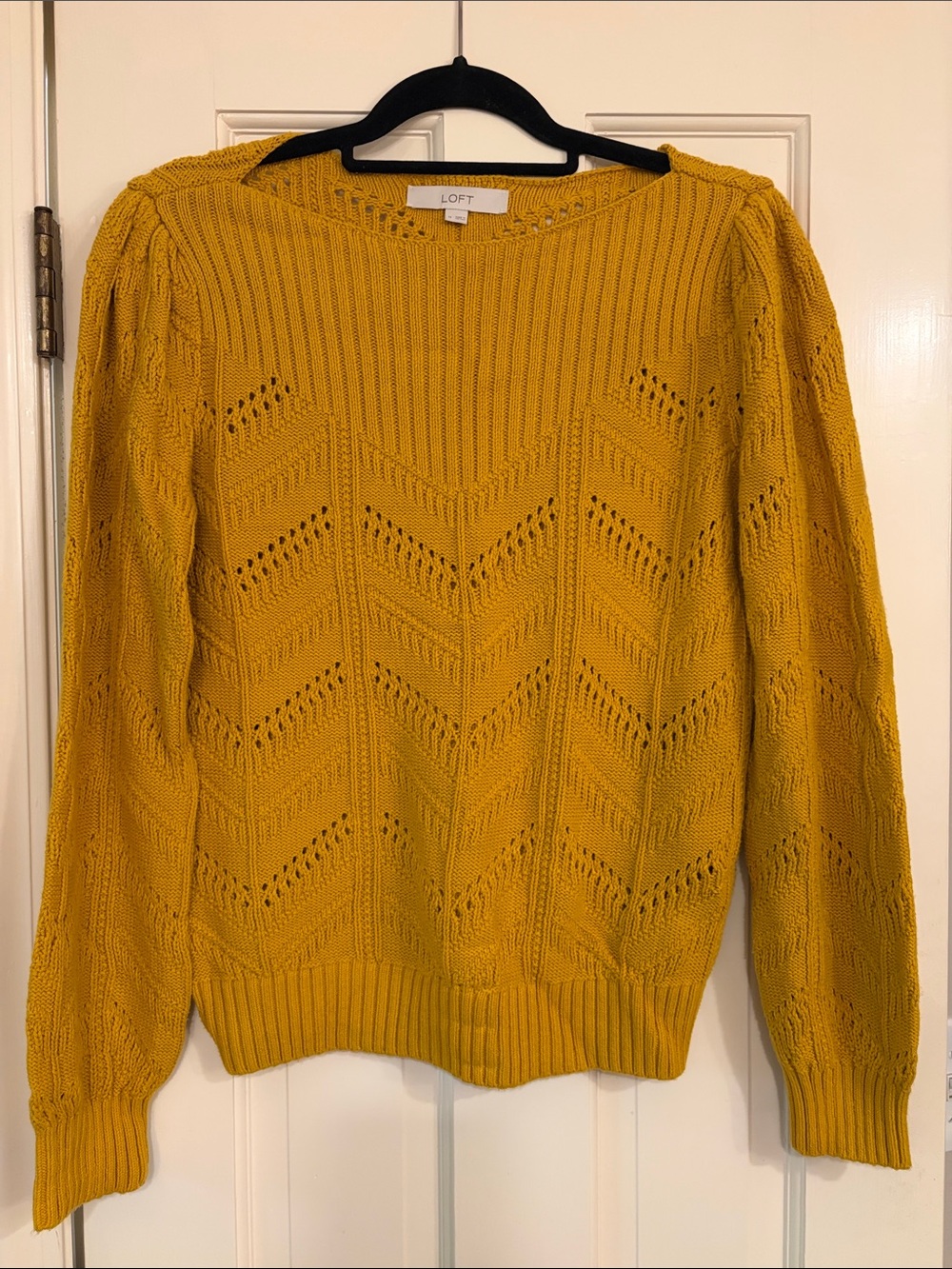 LOFT Mustard Yellow Chevron Openwork Crewneck Sweater